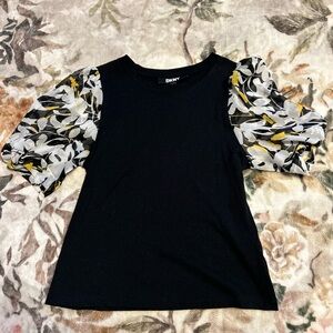 DKNY Black Top with Floral Accents
